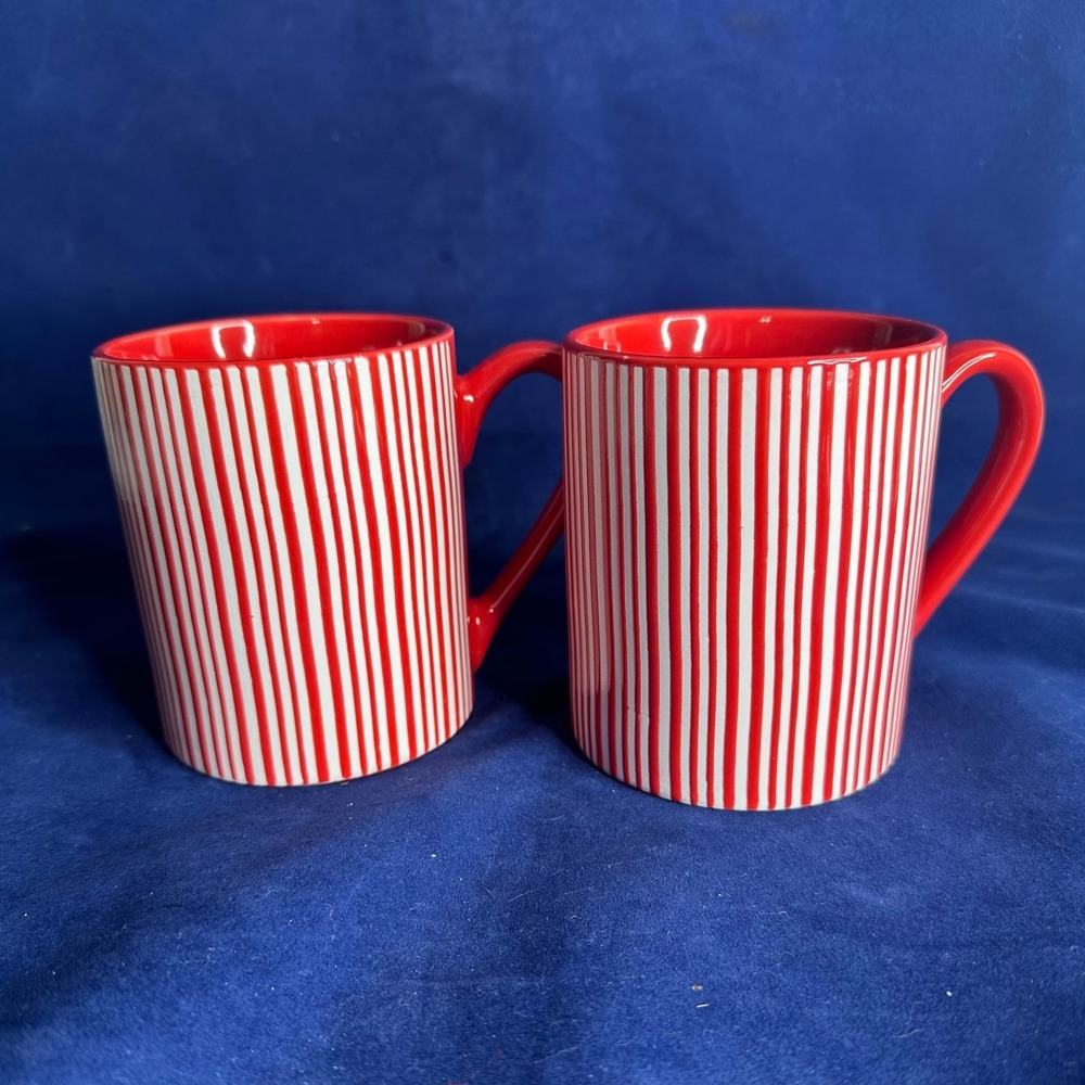 Set of 2 Food Network Coffee Tea Mug Red Ceramic Embossed Stripe Design